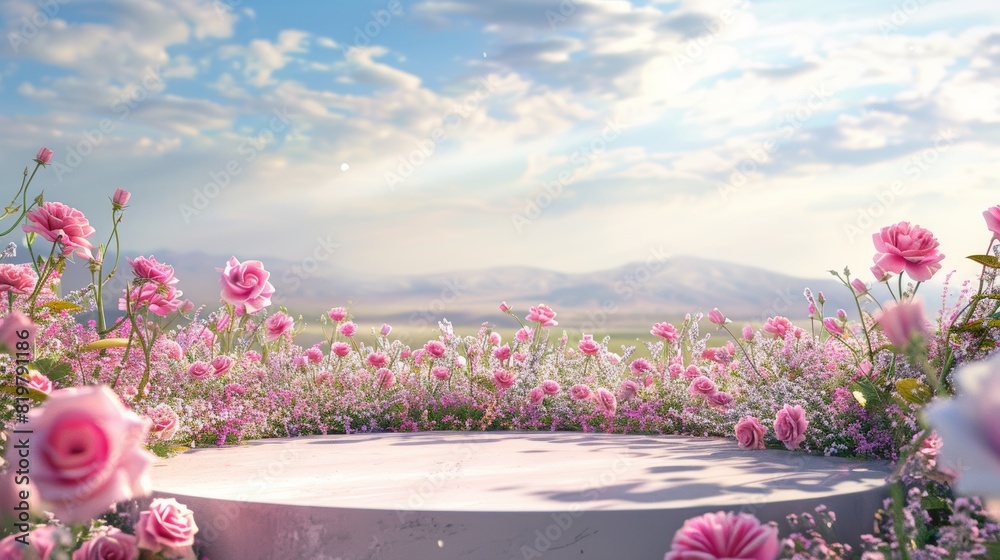 Poster a natural beauty podium backdrop with a spring rose flower field scene. 3d rendering of the scene...