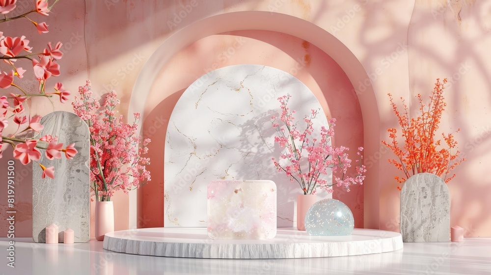 Poster 3d rendering of a beauty podium backdrop with an abstract pastel stone pattern and iridescent floral