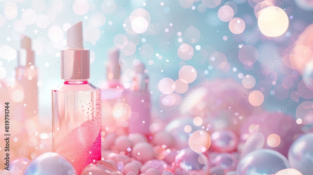Poster Cosmetic product display background with bokeh. 3D rendering. Top view...
