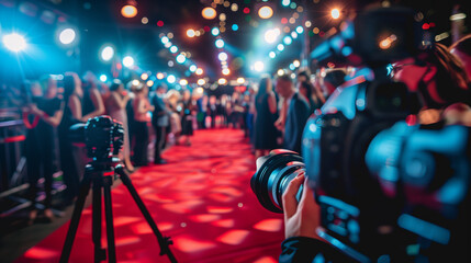 A glamorous red carpet event with celebrities and VIPs posing for photos amidst flashing cameras, embodying the glitz and glamour of wealth and fame