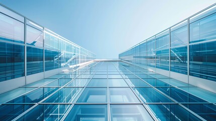 Obraz premium Modern architecture with glass windows. Office building facade, blue reflection. Business construction, urban design. Abstract geometric pattern, steel structure. Transparent
