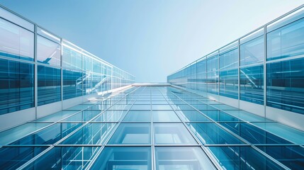 Modern architecture with glass windows. Office building facade, blue reflection. Business construction, urban design. Abstract geometric pattern, steel structure. Transparent