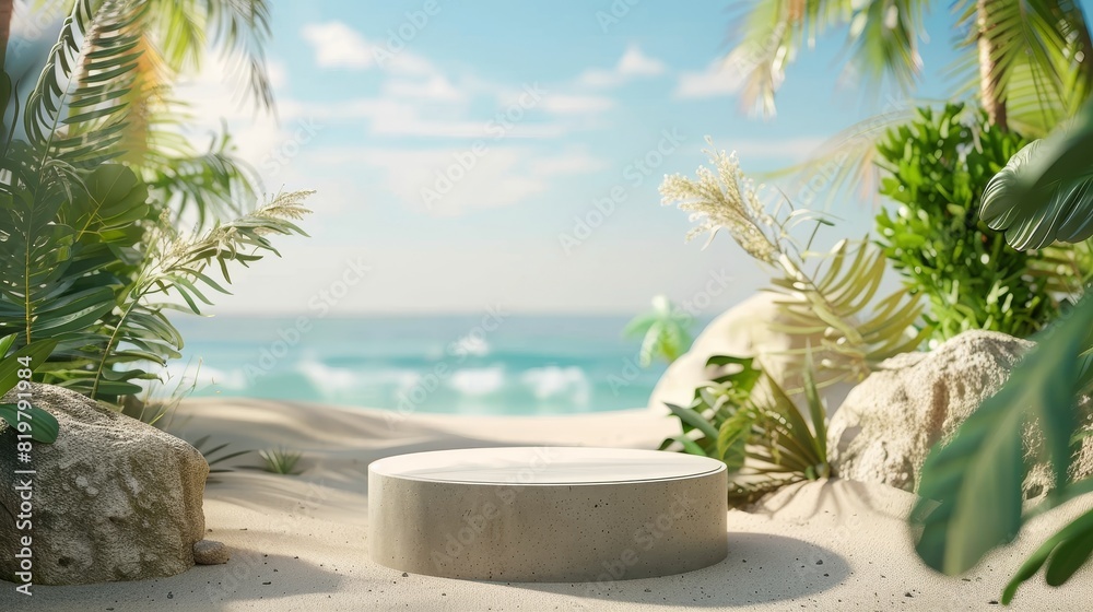 Aufkleber summer beach scene with podium for product display. 3d model...