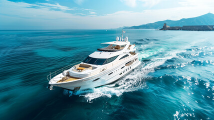 A prestigious yacht sailing on crystal-clear waters, representing the epitome of luxury and...