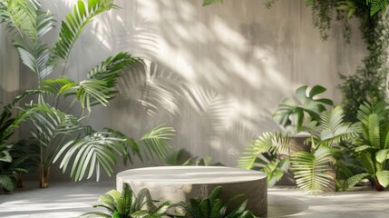 Summer fern garden backdrop with natural beauty podium backdrop. 3D rendering.