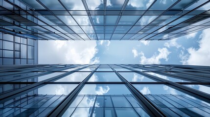 Modern city architecture, blue sky. Office building with glass facade, urban construction. Skyscraper reflection, abstract wall design. Downtown commercial center. Futuristic tower