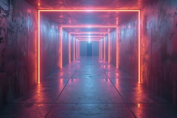 Empty room from space dark hallway with neon light