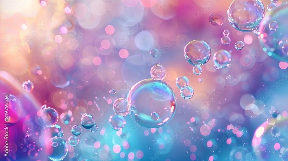 Poster abstract 3d art background. holographic floating liquid blobs and soap bubbles.