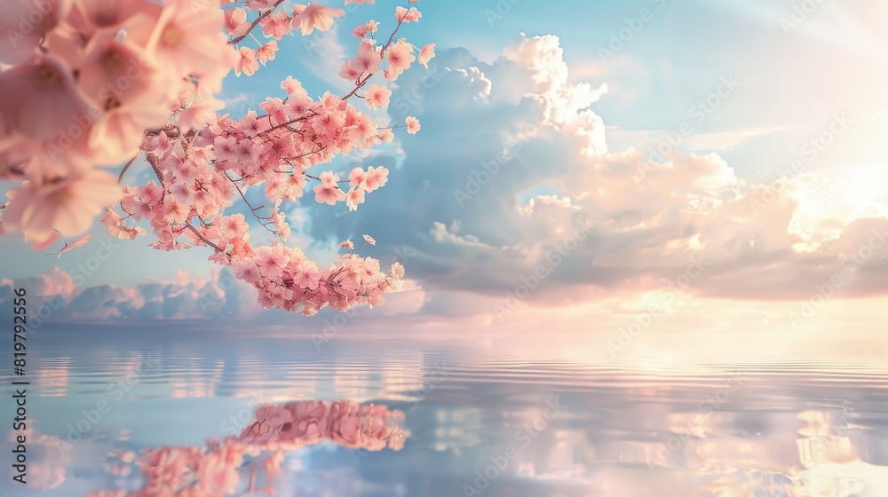 Poster With a dreamy cloud backdrop and a spring sakura cherry blossom tree branch, the scene is romantic and three dimensional.
