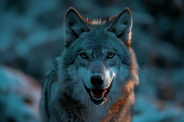 A gray white wolf with open mouth stares at the camera