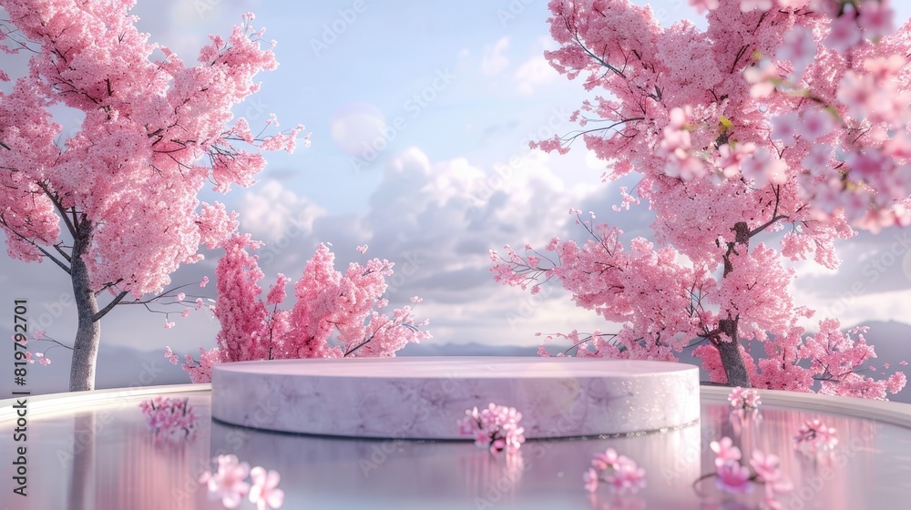 Poster 3d rendering of natural beauty podium backdrop with spring sakura cherry blossom landscape...
