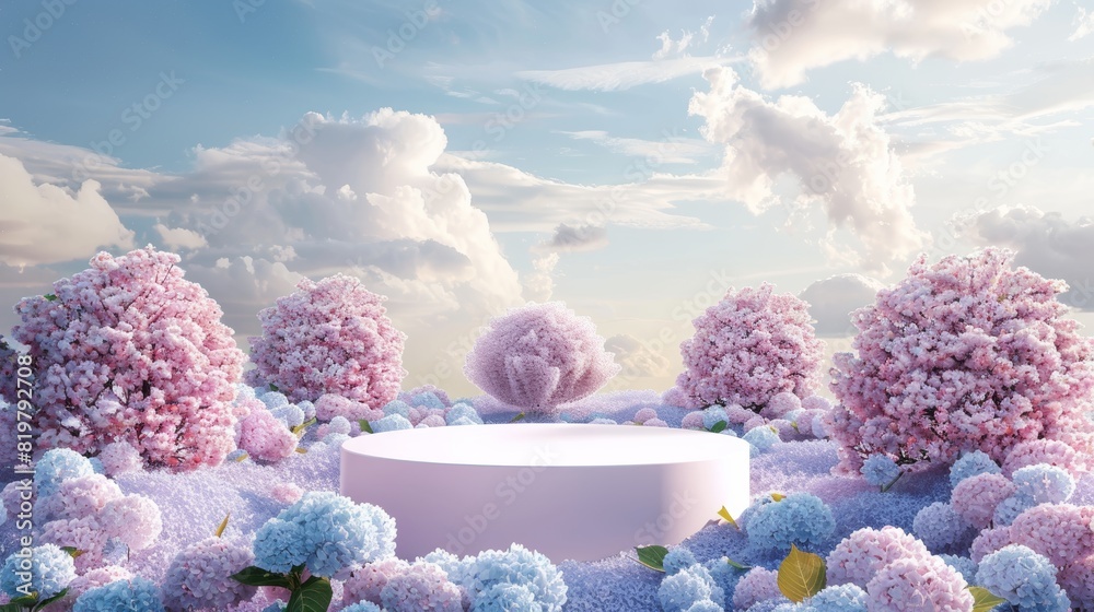 Poster 3d rendering of natural beauty podium backdrop with hydrangea flower field.