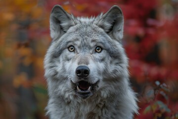 Digital artwork of  gray white wolf with open mouth stares at the camera