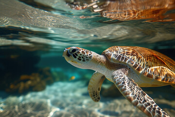 Obraz premium A sea turtle swimming under clear water