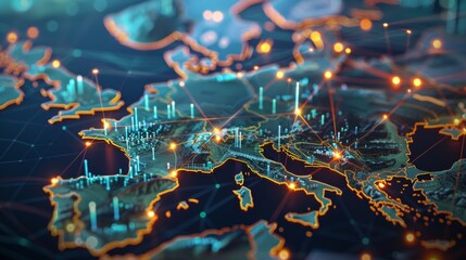 3D Conceptual Image of Smart Logistics Network Connecting Warehouses, Ports, and Retail Stores Across Europe, Emphasizing Efficiency