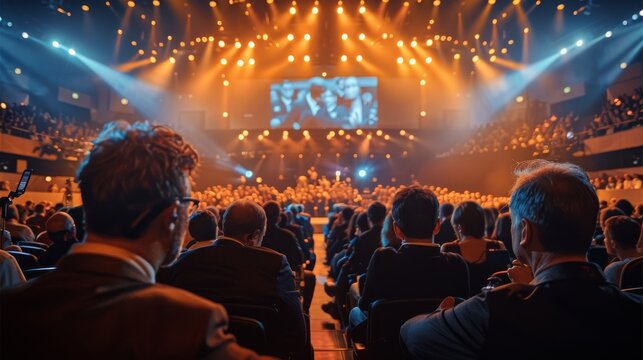A bunch of people during an event in a great modern theatre looking to a modern technical plenary on stage. Generative AI.