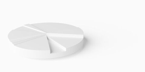 White pie chart business diagram on white background, financial growth, statistics or investment graph concept with copy space