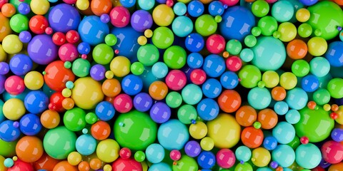 Heap of different sized colourful spectrum or rainbow colored spheres or balls, color, education or playing concept background