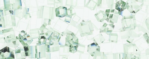 Heap of transparent glass cubes or boxes flat lay top view from abvove, geometrical shapes banner template background