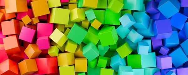 Gradient heap of colourful spectrum or rainbow colored cubes or boxes from red to green and blue, education or playing concept background