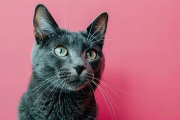 Portrait of a gray cat on a pink background, high quality, high resolution