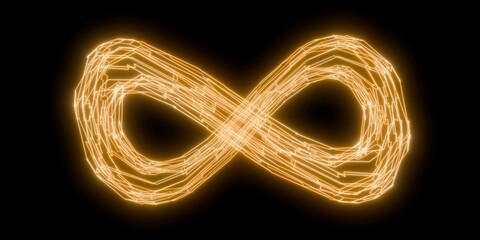 Orange abstract wireframe glowing infinty symbol isolated on black background, eternity or limitless concept