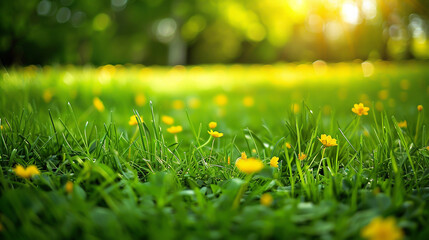 Vivid Spring-Summer Landscape: Rich Green Grass, Wild Yellow Flowers, Enhancing a Morning Outdoor Setting.