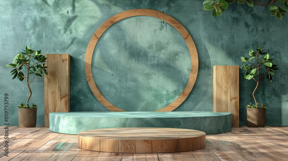 Poster product wooden podium background podium 3d base display stand circle wooden podium background empty 