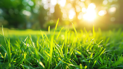 Youthful green grass glows in vibrant morning sunlight.