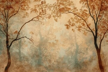 Digital image of  picture of brown foggy trees, high quality, high resolution