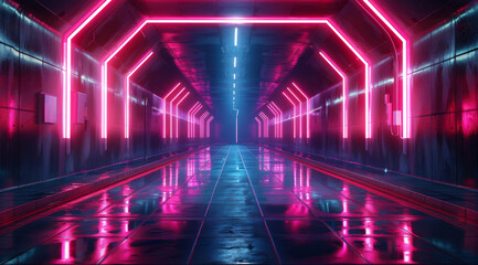 Sci Fi neon glowing lines in a dark tunnel and reflections on the floor and ceiling. Generative AI.