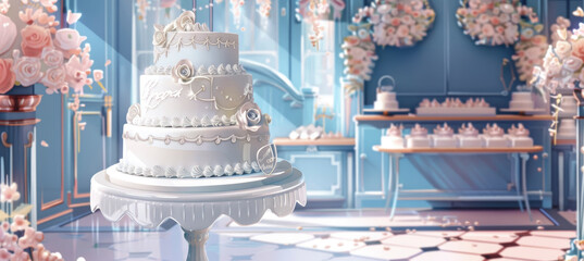 Elegant White Wedding Cake in Beautifully Decorated Venue with Ample Copy Space for Event Promotions