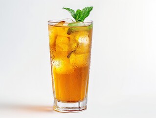 A tall glass filled with herbal iced tea, featuring a natural, amber hue