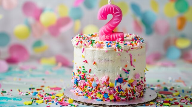 Colorful Second Birthday Cake with Pink Number 2 and Rainbow Sprinkles for Fun Party Celebrations