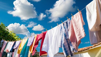 freshly washed clothes hanging on a clothesline, gently swaying in the breeze on a sunny day background feature a bright blue sky with fluffy white clouds and a hint of green foliage