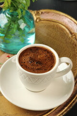 Turkish coffee on a wooden tray