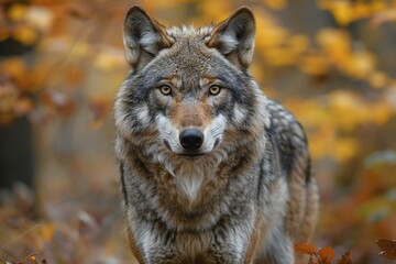 Naklejka na ściany i meble Depicting a gray wolf standing in the woods in full view, high quality, high resolution
