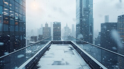 Skyscraper rooftop terrace in a snowstorm filled with snow and ice in the sunshine endless skyline. Generative AI.