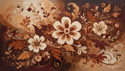 Elegant Abstract Floral Art, A Swirling Pattern of Brown and Beige Flowers