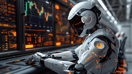 Fototapeta premium A Robot Working on a Vast Array of Digital Display Screens