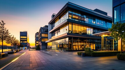 Obraz premium Sleek corporate office building adjacent to modern house and private apartments. Urban business center with bustling activity and blurred foreground. Architecture city exterior