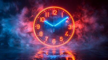 Futuristic clock with glowing neon numbers and hands set against a dark background. Time, deadline and technology concept.