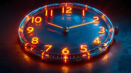 Futuristic clock with glowing neon numbers and hands set against a dark background. Time, deadline and technology concept.