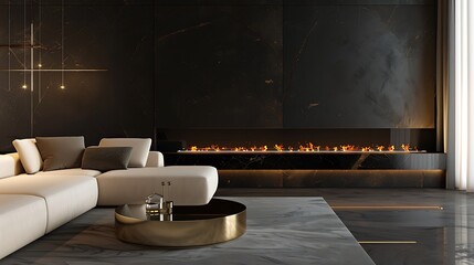luxurious living room with an ultra-modern fireplace integrated into a wall of black marble
