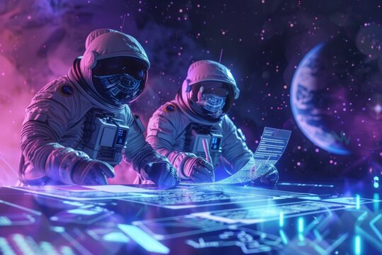 Futuristic Contract Signing in Space - Astronauts with Holographic Documents Representing Innovative Business Deals