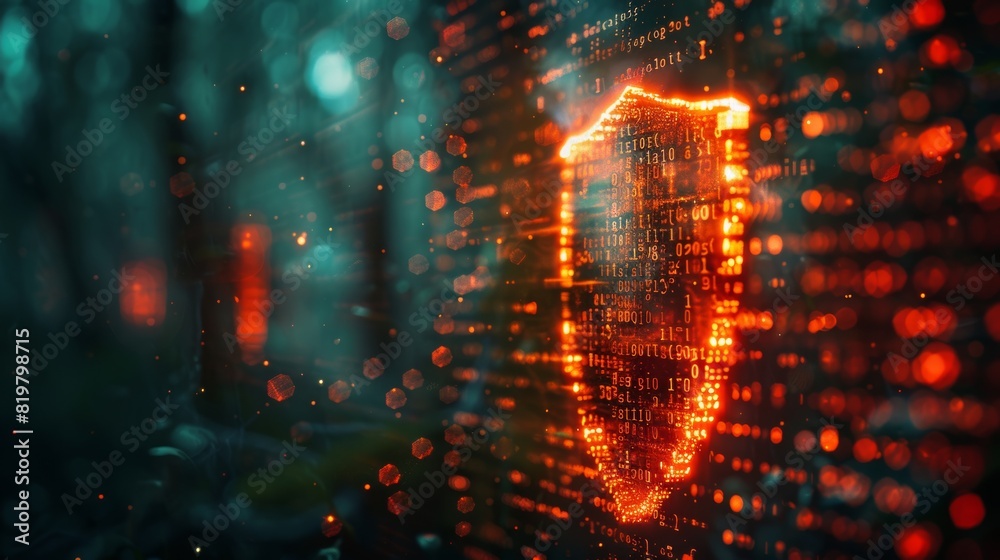 Poster Online security concept incorporating binary code and futuristic shields