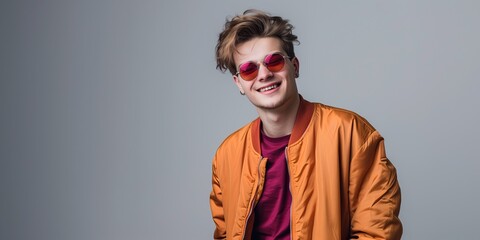 Fototapeta premium Young man portrait, background. Handsome male model, fashion and casual style. Attractive face, happy smile. Confident, cheerful expression. Caucasian adult, stylish look. Studio