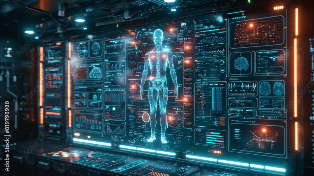 Poster digital blueprint of 3d body part of a human, interface of science for identity checking, concept of