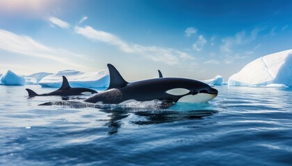 Fototapeta premium Groups of Orcas or killer whales swim and hunt for prey, the top of the food chain in a sea of ​​ice floes