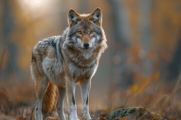 Digital artwork of  lone brown wolf is standing in the woods, high quality, high resolution